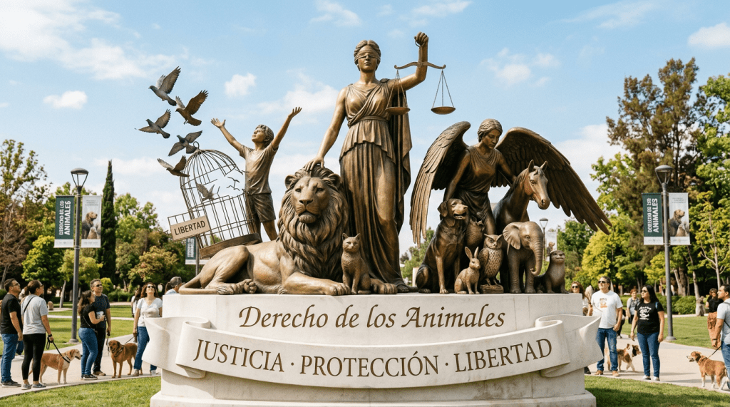 Animal rights monument with Justice, Protection, and Freedom banner