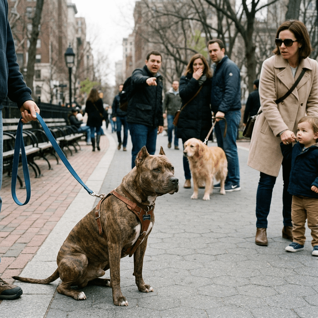 Brindle dog on leash sitting among pedestrians in an urban park