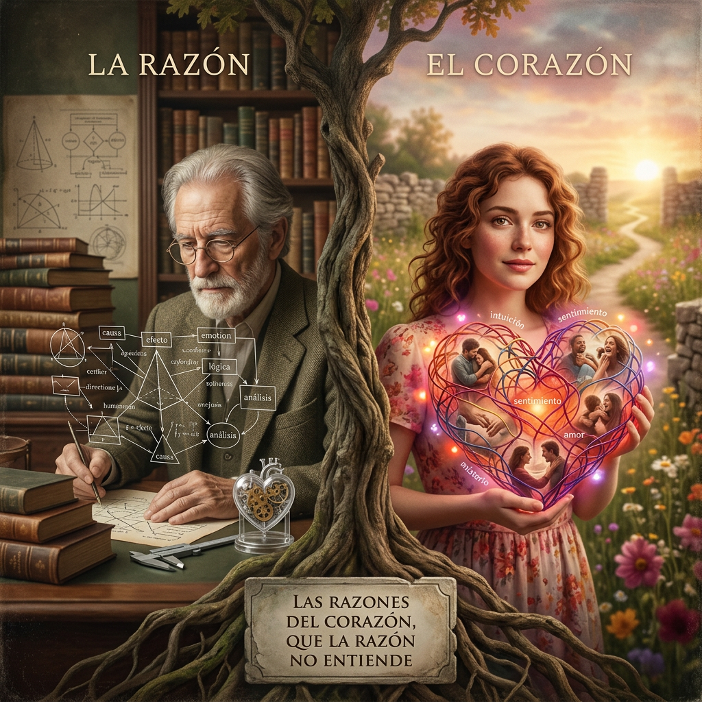 Allegory labeled “LA RAZÓN” and “EL CORAZÓN,” with text “LAS RAZONES DEL CORAZÓN, QUE LA RAZÓN NO ENTIENDE.”