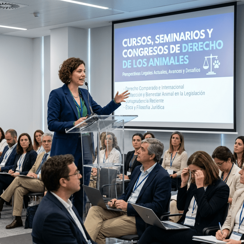 Speaker presents Spanish slide: “Cursos, seminarios y congresos de derecho de los animales; perspectivas legales actuales, avances y desafíos.”