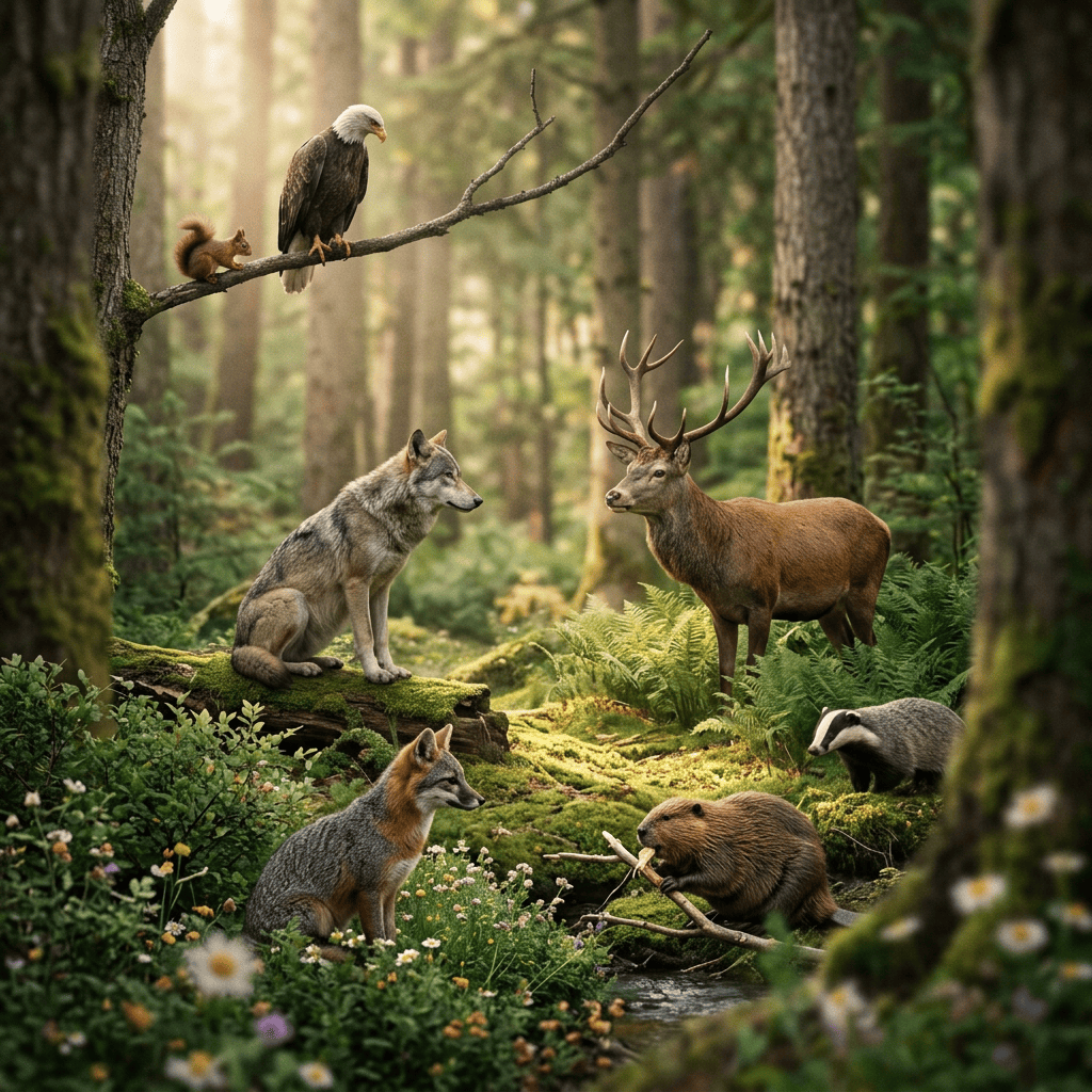 Eagle, squirrel, wolf, deer, fox, badger, and beaver in forest