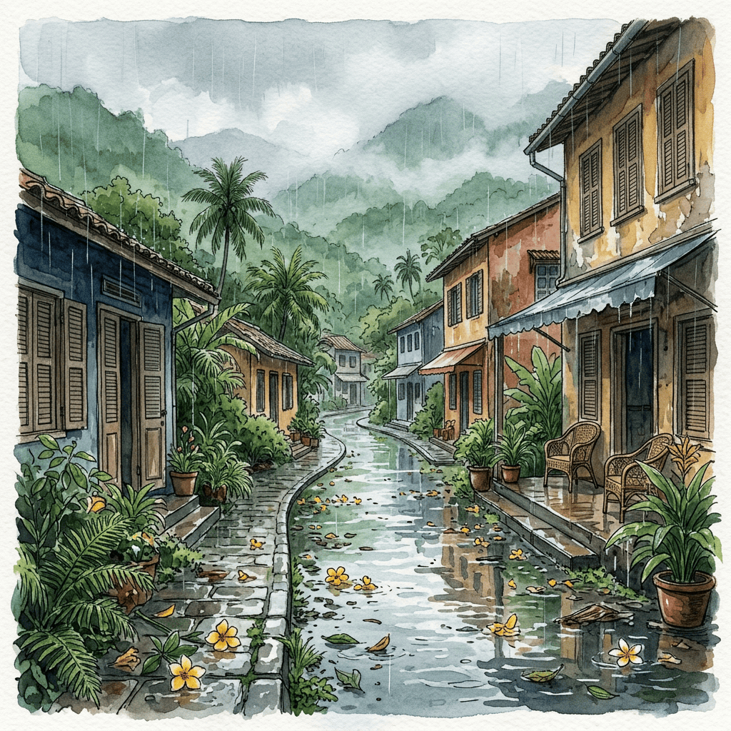 Rainy tropical village street lined with colorful houses and palm trees