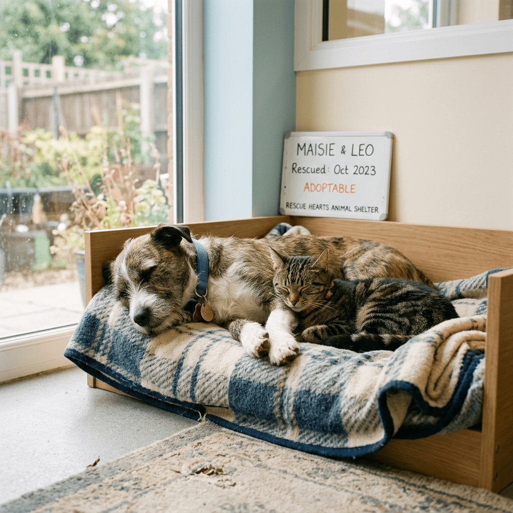 Rescued dog and cat resting together; sign reads “MAISIE & LEO,” “Rescued: Oct 2023,” “ADOPTABLE,” and “RESCUE HEARTS ANIMAL SHELTER.”